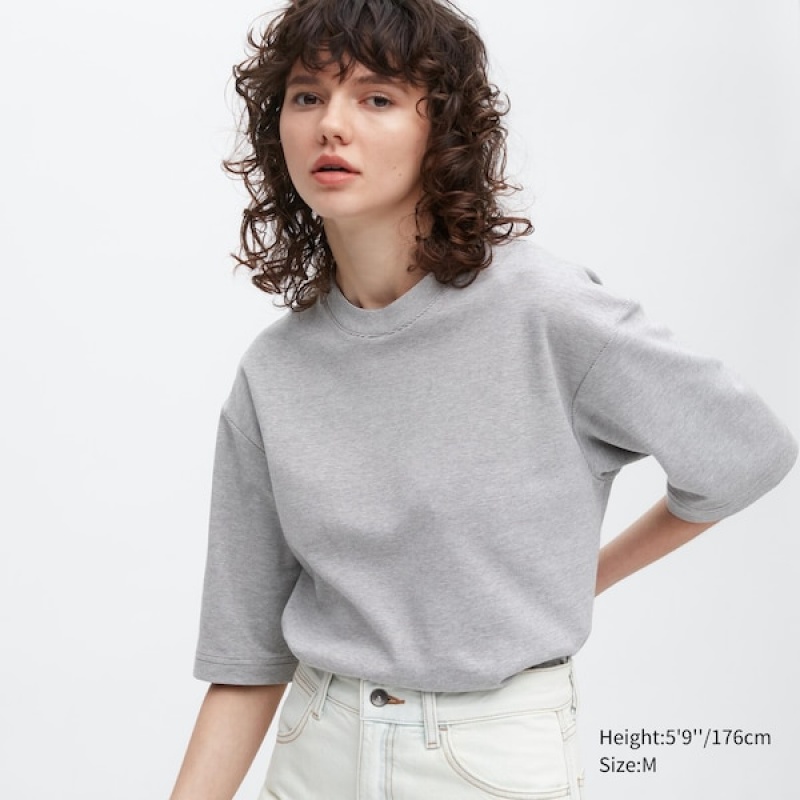 Uniqlo U AIRism Cotton Prugasta Crew Neck Oversized Ženske Majice Sive | 3489-CIZAQ