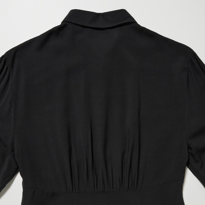 Uniqlo V-Neck Long-Sleeve Mini Shirt Ženske Haljina Crne | 5874-UNKSW