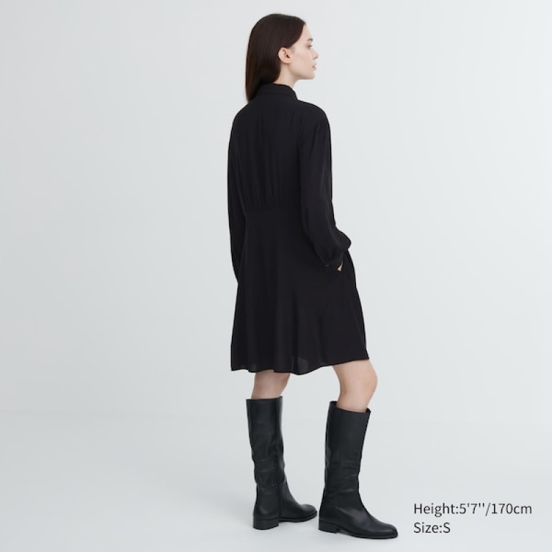Uniqlo V-Neck Long-Sleeve Mini Shirt Ženske Haljina Crne | 5874-UNKSW