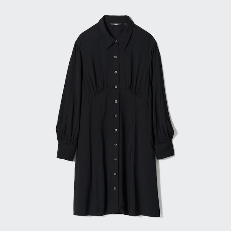 Uniqlo V-Neck Long-Sleeve Mini Shirt Ženske Haljina Crne | 5874-UNKSW