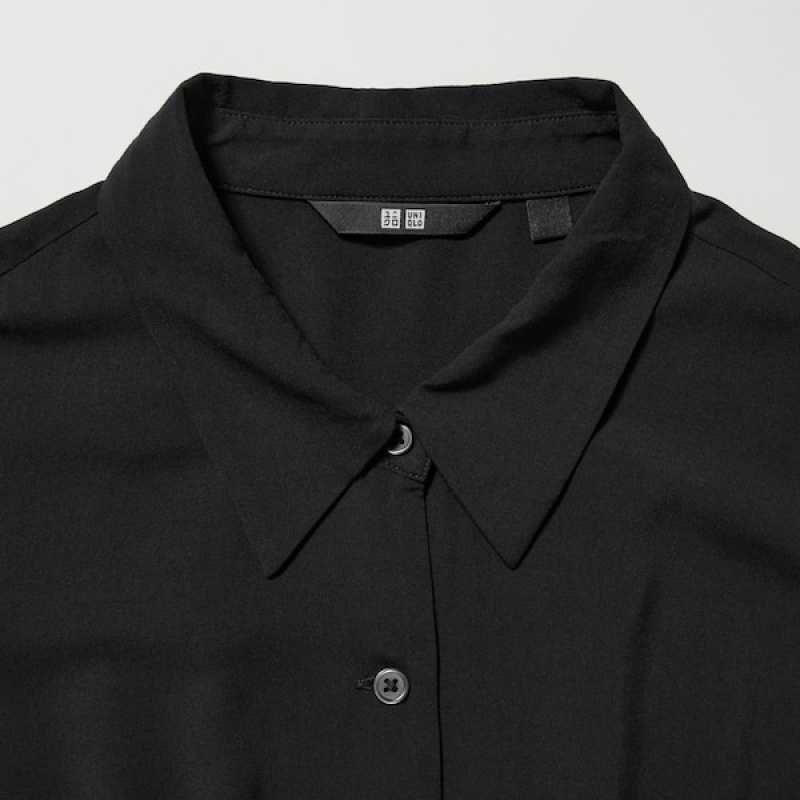 Uniqlo V-Neck Long-Sleeve Mini Shirt Ženske Haljina Crne | 5874-UNKSW