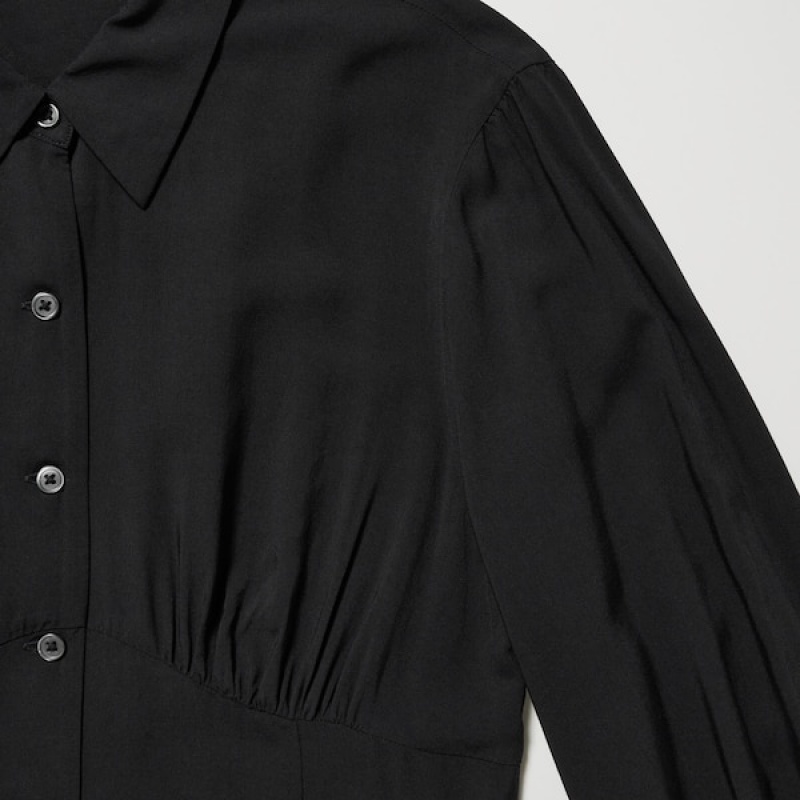 Uniqlo V-Neck Long-Sleeve Mini Shirt Ženske Haljina Crne | 5874-UNKSW