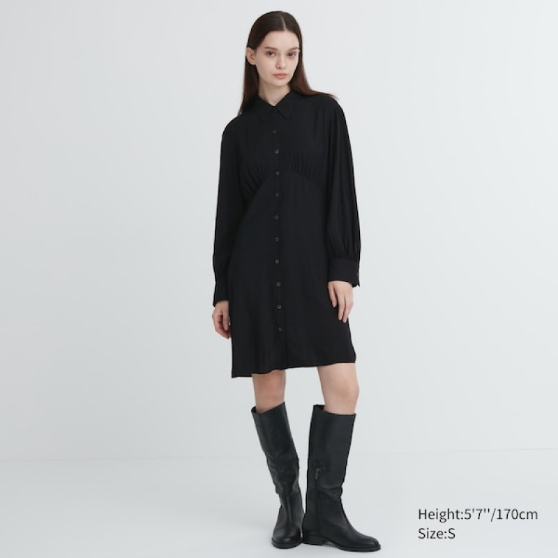 Uniqlo V-Neck Long-Sleeve Mini Shirt Ženske Haljina Crne | 5874-UNKSW