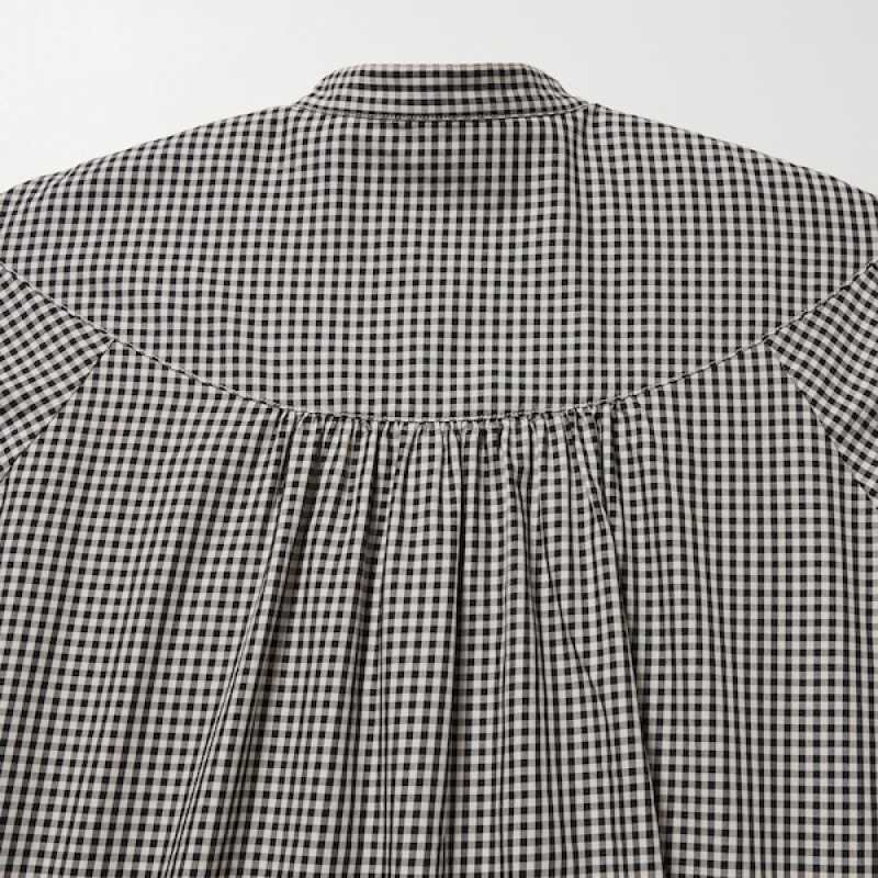 Uniqlo Volume Checked Long-Sleeve Ženske Košulje Crne | 7439-EHQJO