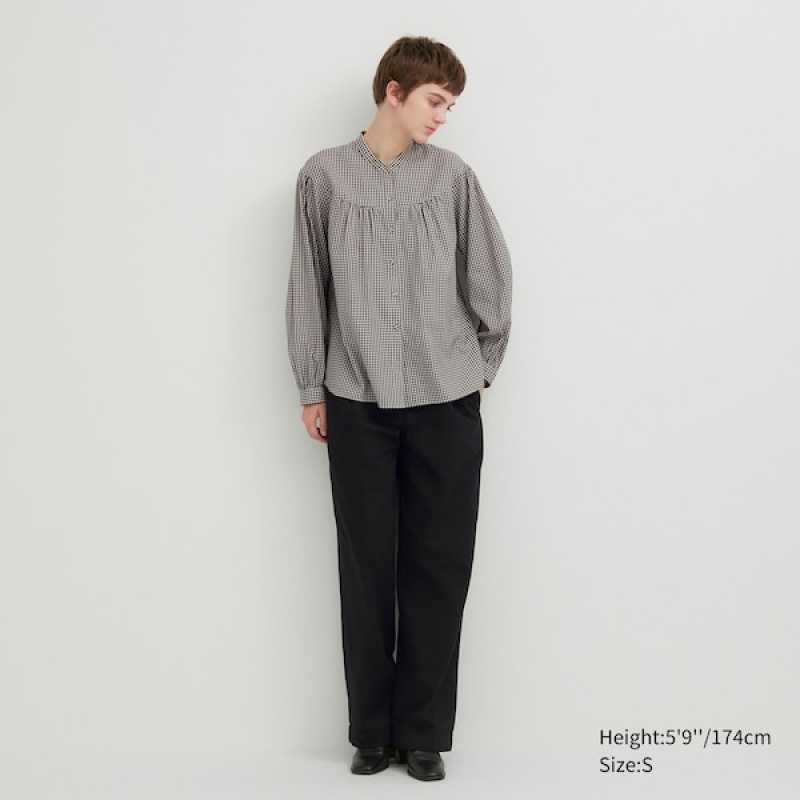 Uniqlo Volume Checked Long-Sleeve Ženske Košulje Crne | 7439-EHQJO