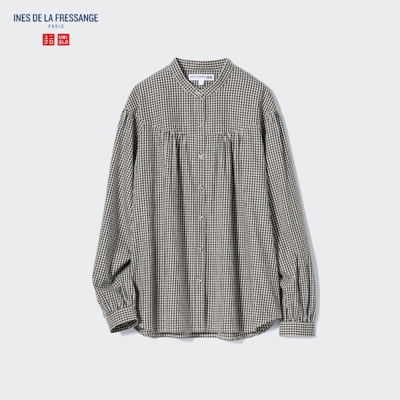 Uniqlo Volume Checked Long-Sleeve Ženske Košulje Crne | 7439-EHQJO