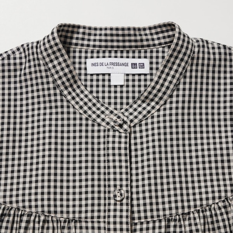Uniqlo Volume Checked Long-Sleeve Ženske Košulje Crne | 7439-EHQJO