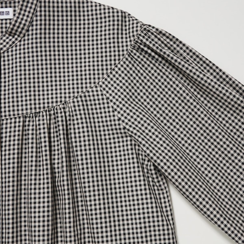 Uniqlo Volume Checked Long-Sleeve Ženske Košulje Crne | 7439-EHQJO