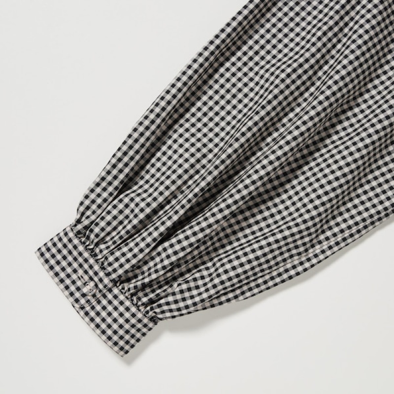 Uniqlo Volume Checked Long-Sleeve Ženske Košulje Crne | 7439-EHQJO