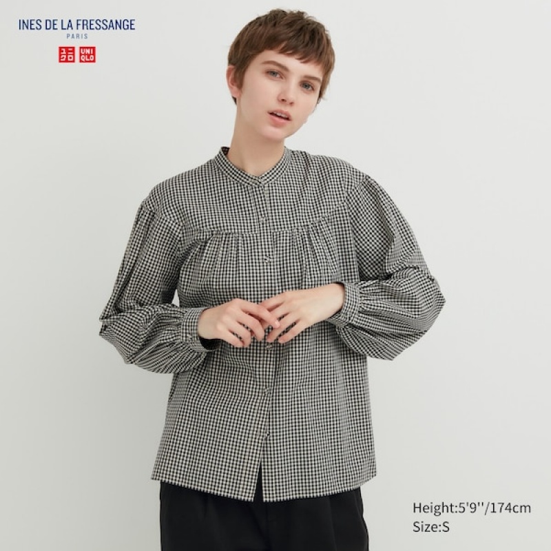 Uniqlo Volume Checked Long-Sleeve Ženske Košulje Crne | 7439-EHQJO