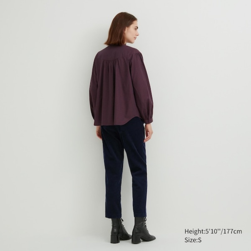 Uniqlo Volume Checked Long-Sleeve Ženske Košulje Bordo | 7501-XABON