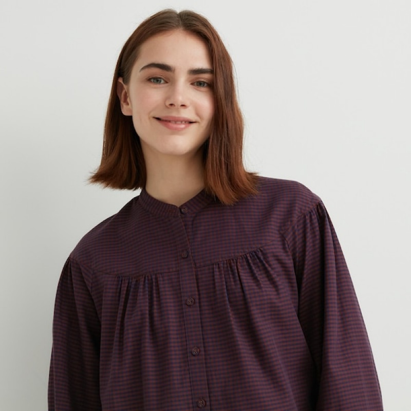 Uniqlo Volume Checked Long-Sleeve Ženske Košulje Bordo | 7501-XABON