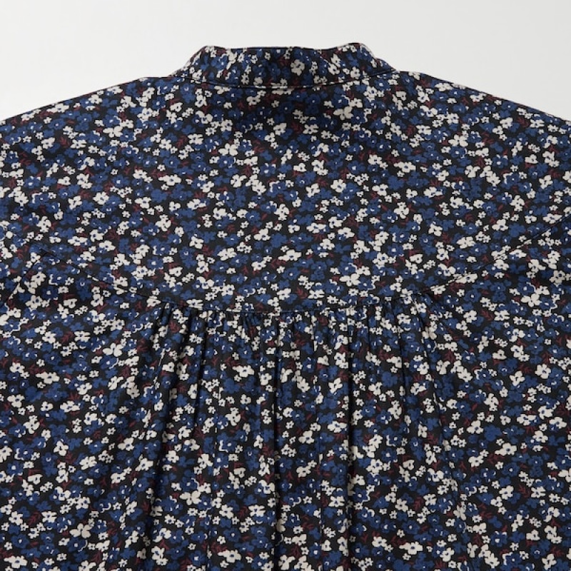 Uniqlo Volume Printed Long-Sleeve Ženske Košulje Plave | 2850-VYCGJ