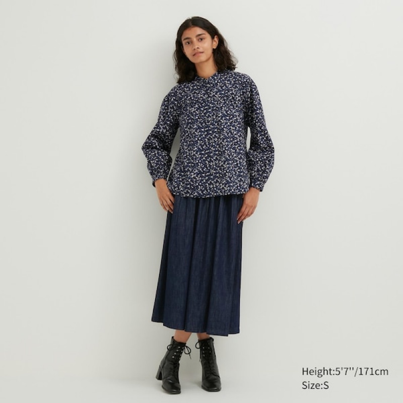 Uniqlo Volume Printed Long-Sleeve Ženske Košulje Plave | 2850-VYCGJ