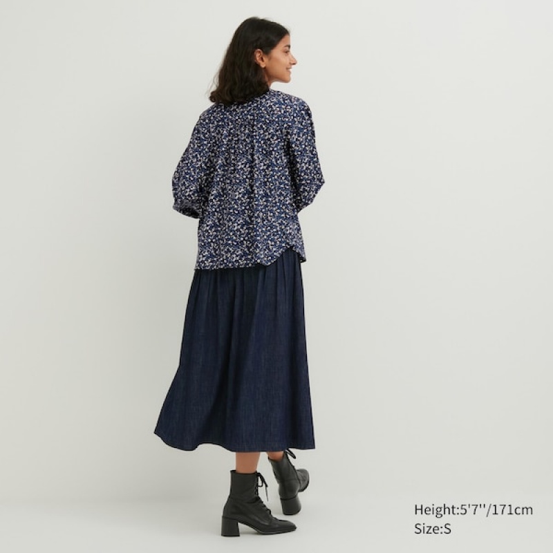 Uniqlo Volume Printed Long-Sleeve Ženske Košulje Plave | 2850-VYCGJ