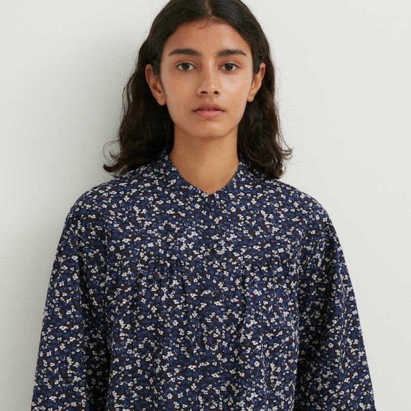 Uniqlo Volume Printed Long-Sleeve Ženske Košulje Plave | 2850-VYCGJ