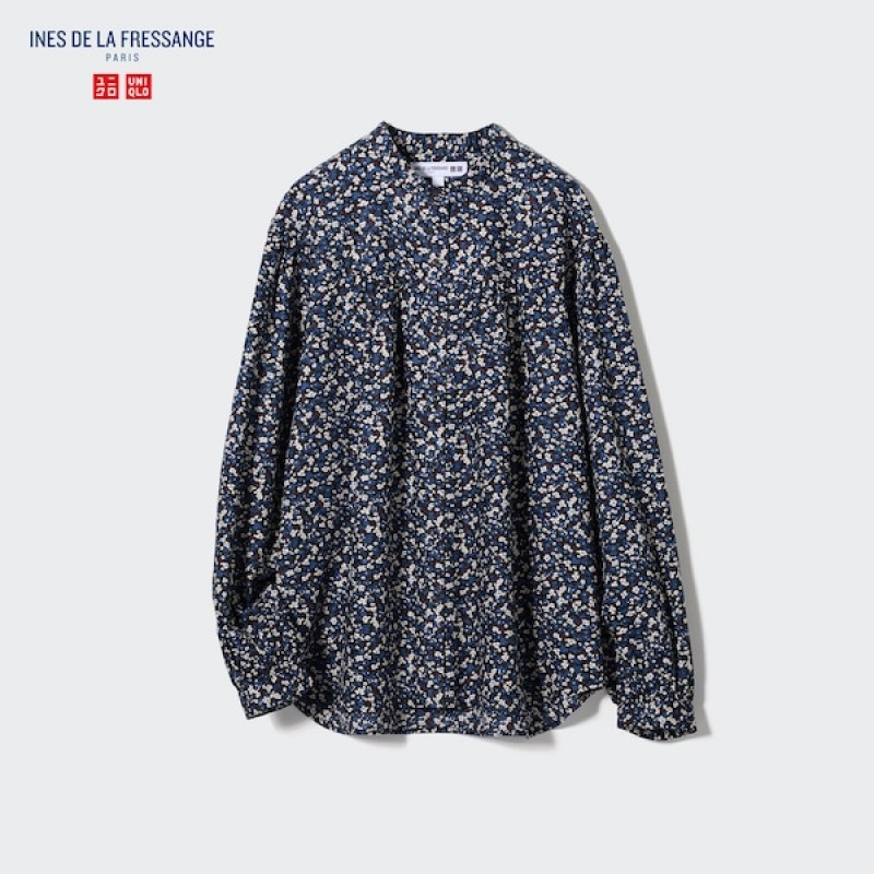 Uniqlo Volume Printed Long-Sleeve Ženske Košulje Plave | 2850-VYCGJ