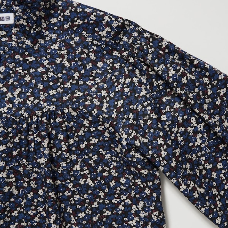 Uniqlo Volume Printed Long-Sleeve Ženske Košulje Plave | 2850-VYCGJ