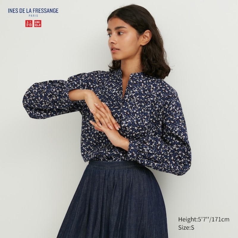 Uniqlo Volume Printed Long-Sleeve Ženske Košulje Plave | 2850-VYCGJ