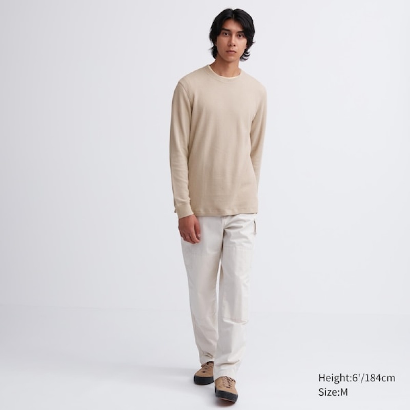 Uniqlo Waffle Crew Neck Long-Sleeve Muške Majice Bež | 1657-ITKMF