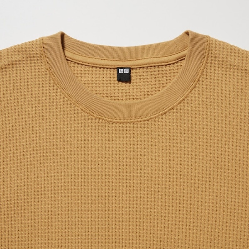 Uniqlo Waffle Crew Neck Long-Sleeve Muške Majice Žute | 4510-KXQSF