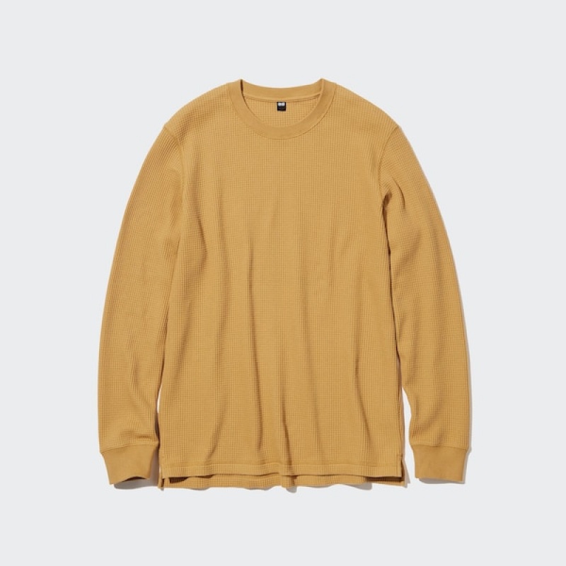 Uniqlo Waffle Crew Neck Long-Sleeve Muške Majice Žute | 4510-KXQSF