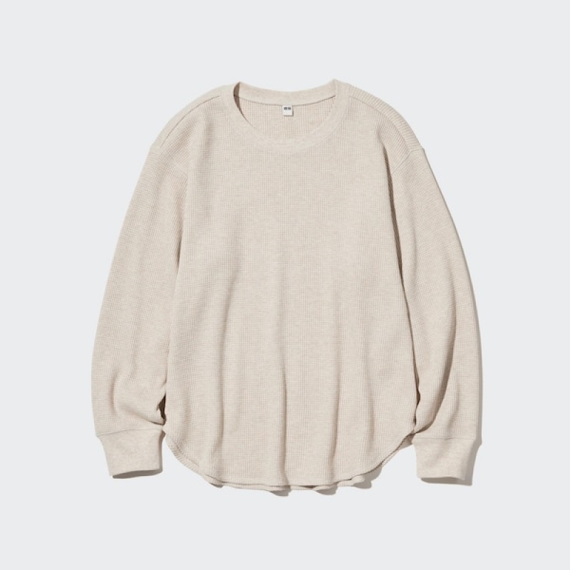 Uniqlo Waffle Crew Neck Long-Sleeve Ženske Majice Bež | 1643-SXPLM
