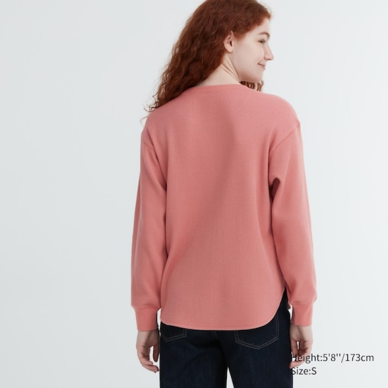 Uniqlo Waffle Crew Neck Long-Sleeve Ženske Majice Roze | 2841-SNVBW