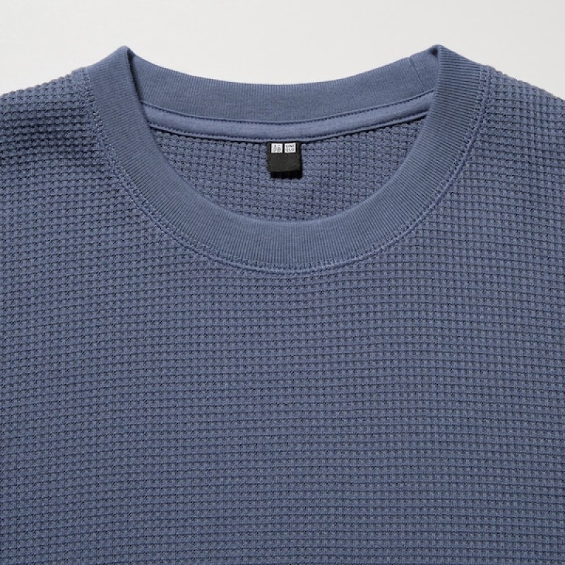Uniqlo Waffle Crew Neck Long-Sleeve Ženske Majice Plave | 6710-AEXCS