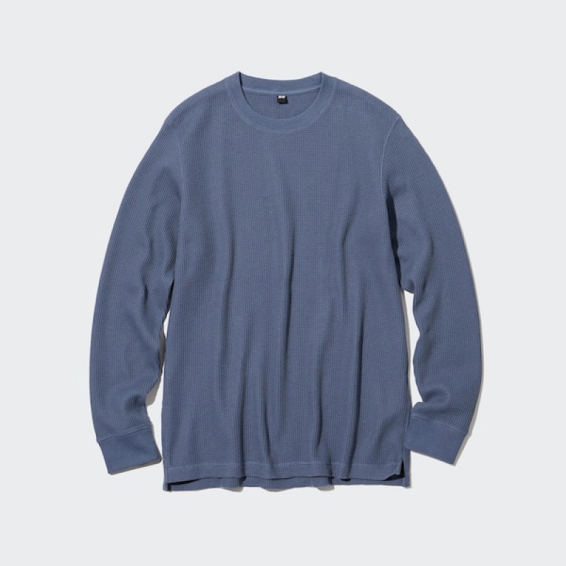 Uniqlo Waffle Crew Neck Long-Sleeve Ženske Majice Plave | 6710-AEXCS