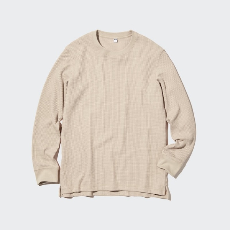Uniqlo Waffle Crew Neck Long-Sleeve Ženske Majice Bež | 1275-RVNJT