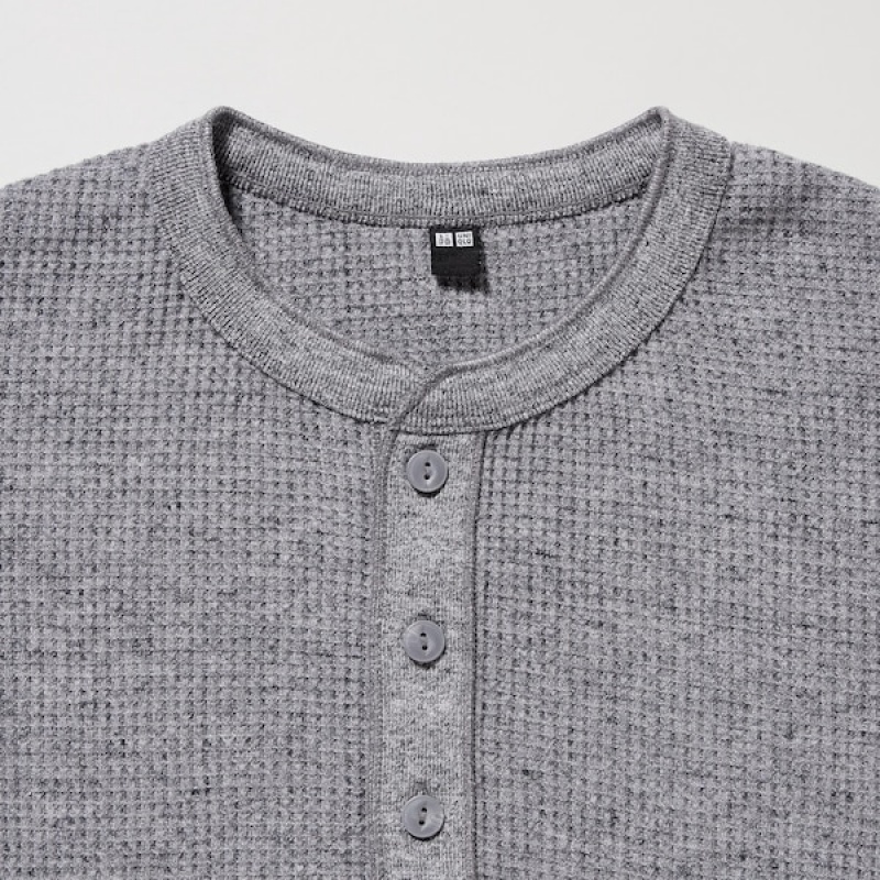 Uniqlo Waffle Henley Neck Long-Sleeve Muške Majice Plave | 6310-BMKAU