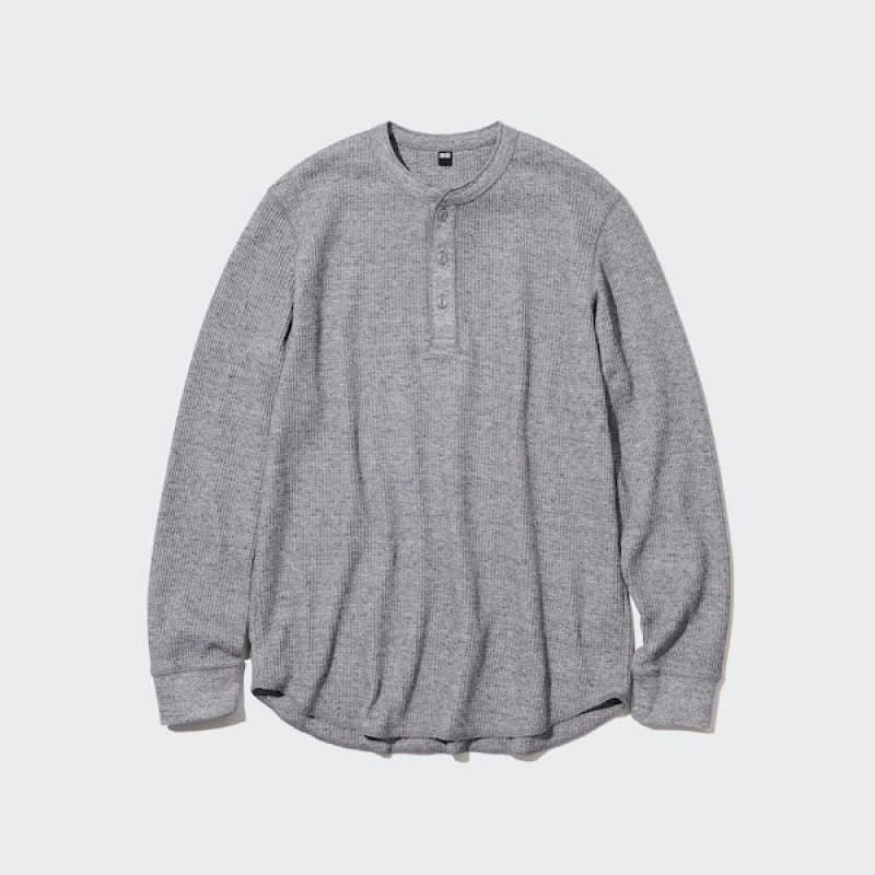 Uniqlo Waffle Henley Neck Long-Sleeve Muške Majice Plave | 6310-BMKAU