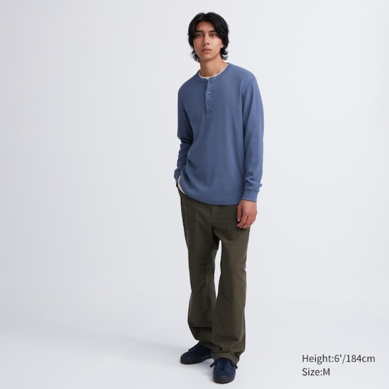 Uniqlo Waffle Henley Neck Long-Sleeve Muške Majice Plave | 7248-LOHRT