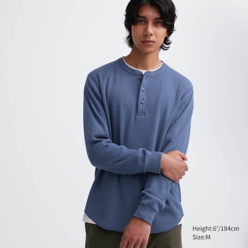 Uniqlo Waffle Henley Neck Long-Sleeve Muške Majice Plave | 7248-LOHRT