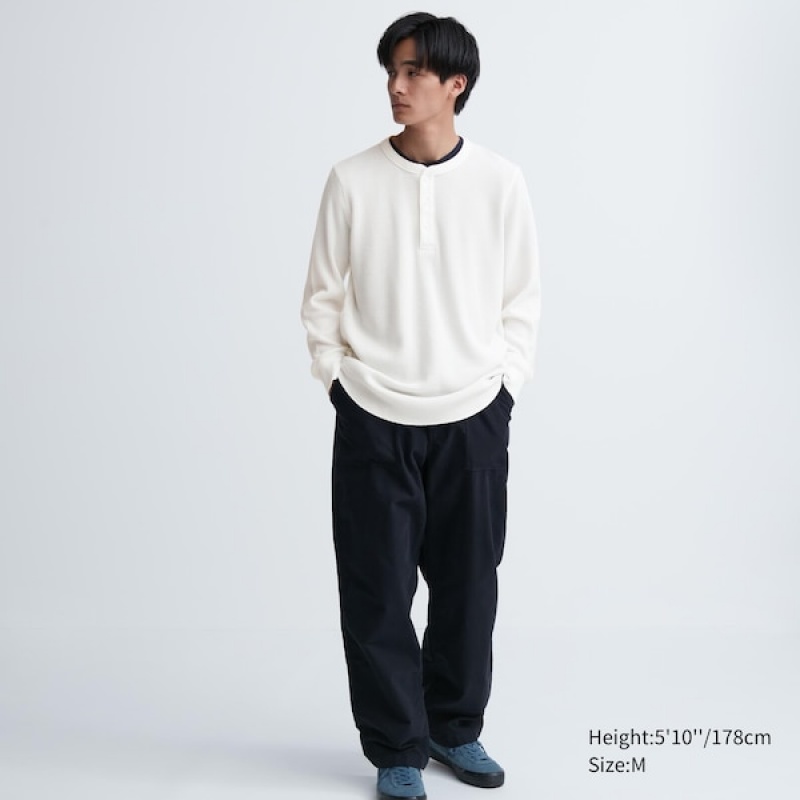 Uniqlo Waffle Henley Neck Long-Sleeve Muške Majice Bijele | 3629-FUQOJ