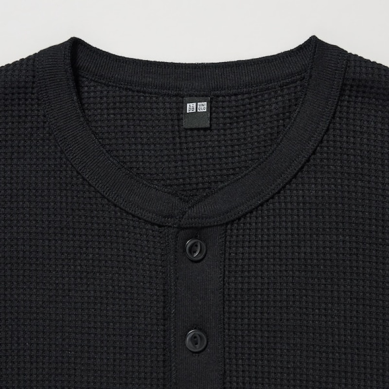 Uniqlo Waffle Long-Sleeve Henley Muške Majice Crne | 3578-KHOGW