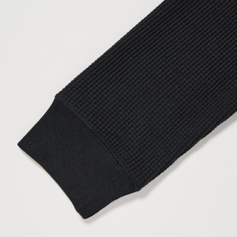 Uniqlo Waffle Long-Sleeve Henley Muške Majice Crne | 3578-KHOGW