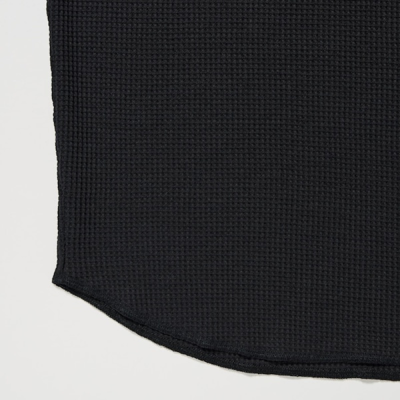 Uniqlo Waffle Long-Sleeve Henley Muške Majice Crne | 3578-KHOGW