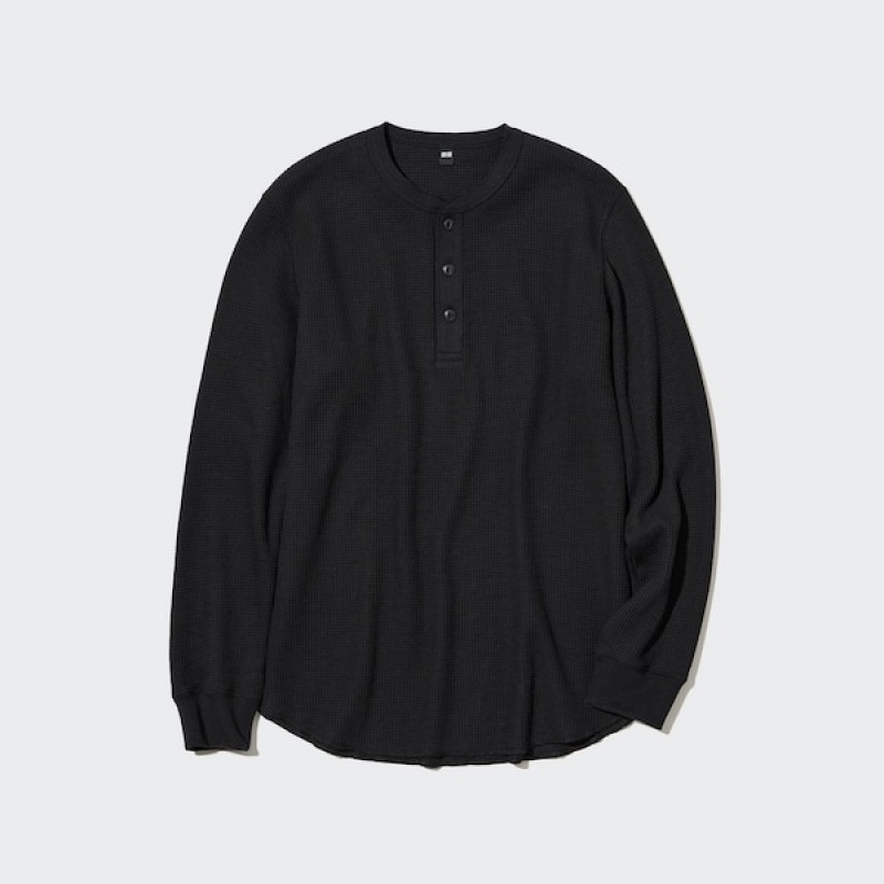 Uniqlo Waffle Long-Sleeve Henley Muške Majice Crne | 3578-KHOGW