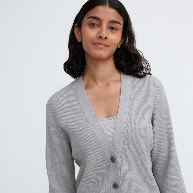 Uniqlo Washable Knit Rebrasti Long-Sleeve Ženske Kardigan Sive | 9082-SLPNQ