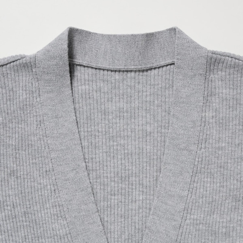 Uniqlo Washable Knit Rebrasti Long-Sleeve Ženske Kardigan Sive | 9082-SLPNQ