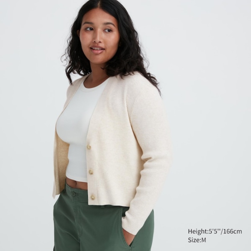 Uniqlo Washable Knit Rebrasti Long-Sleeve Ženske Kardigan Bež | 9806-JORDU