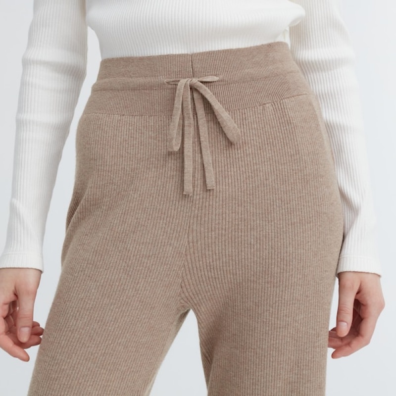 Uniqlo Washable Knit Rebrasti Ženske Hlače Bež | 3087-MHZOV