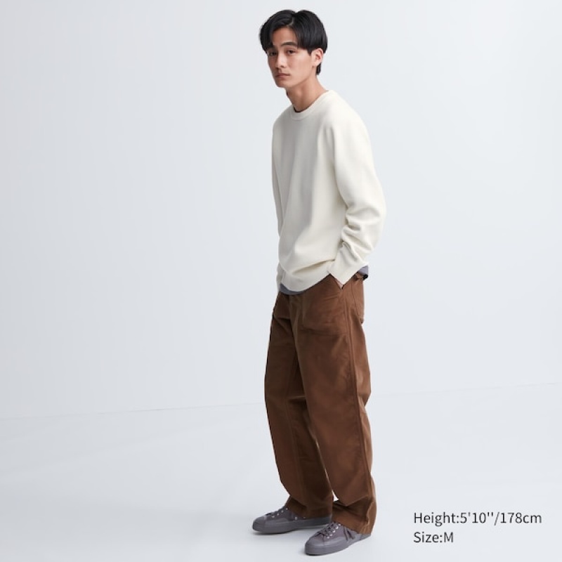 Uniqlo Washable Milano Rebrasti Crew Neck Muške Džemperi Bijele | 6591-PURQW