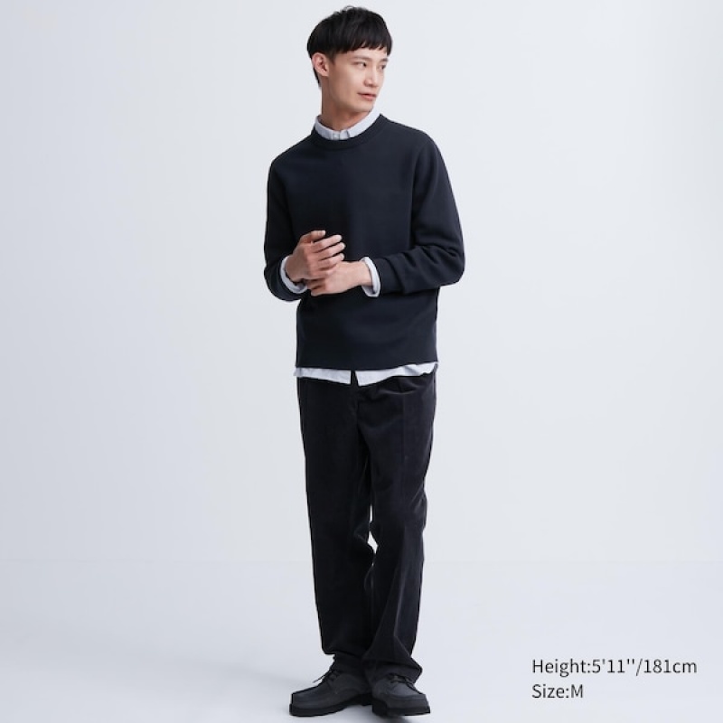 Uniqlo Washable Milano Rebrasti Crew Neck Muške Džemperi Tamnoplave | 1986-XRJEA