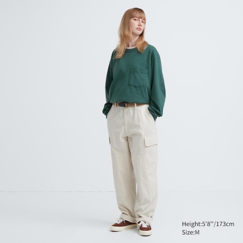Uniqlo Washed Cotton Crew Neck Long-Sleeve Ženske Majice Zelene | 4092-LQBRT