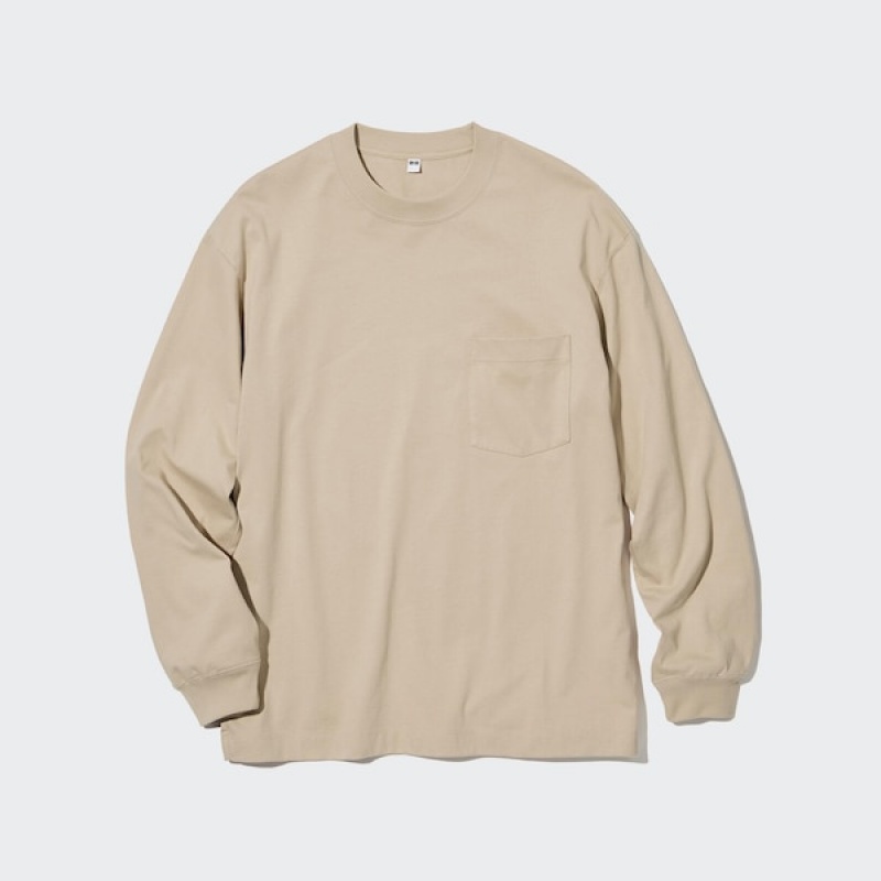 Uniqlo Washed Cotton Crew Neck Long-Sleeve Muške Dukserice Bež | 5163-TZIRL