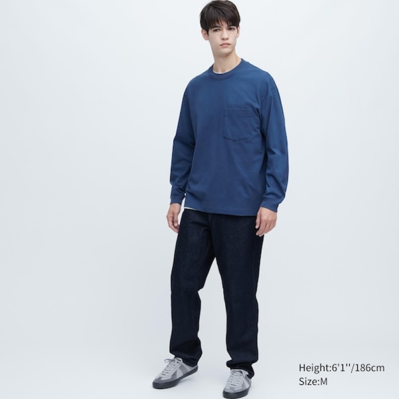 Uniqlo Washed Cotton Crew Neck Long-Sleeve Muške Dukserice Plave | 9187-HJAGT