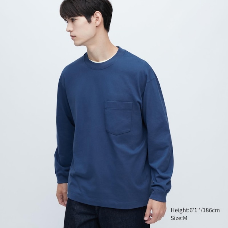 Uniqlo Washed Cotton Crew Neck Long-Sleeve Muške Dukserice Plave | 9187-HJAGT